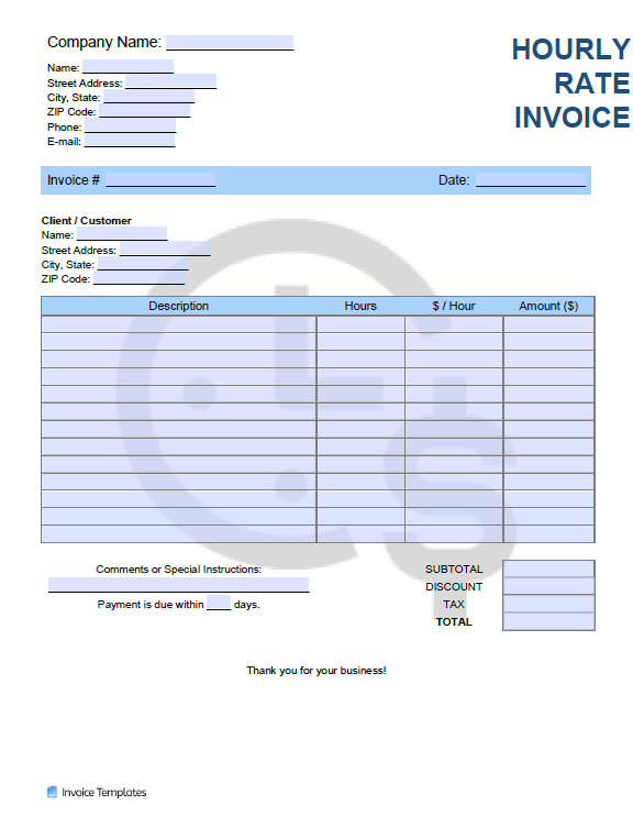 Hourly Rate ($/hr) Invoice Template Invoice Generator