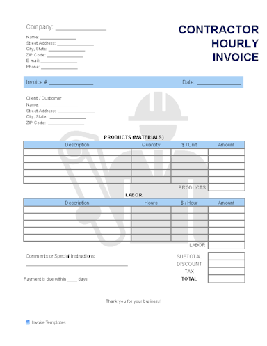 Contractor Hourly Rate ($/hr) Invoice Template | Invoice Generator