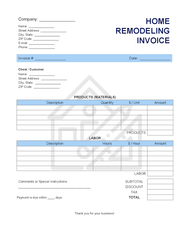 Home Remodeling Invoice Template Invoice Generator