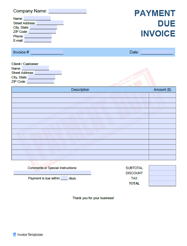 Payment (# of Days) Due Invoices file