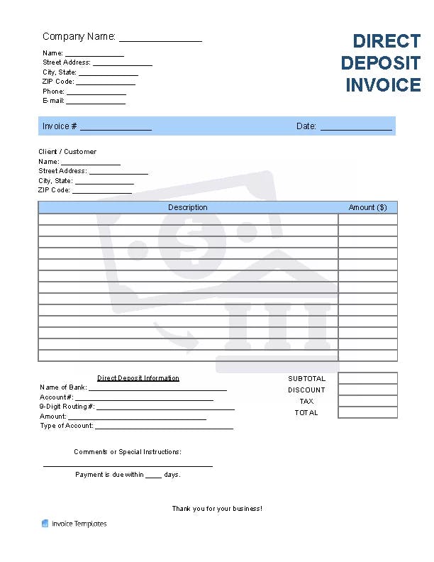 Direct Deposit Invoice Template file