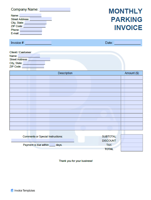 Monthly Parking Invoice Template file