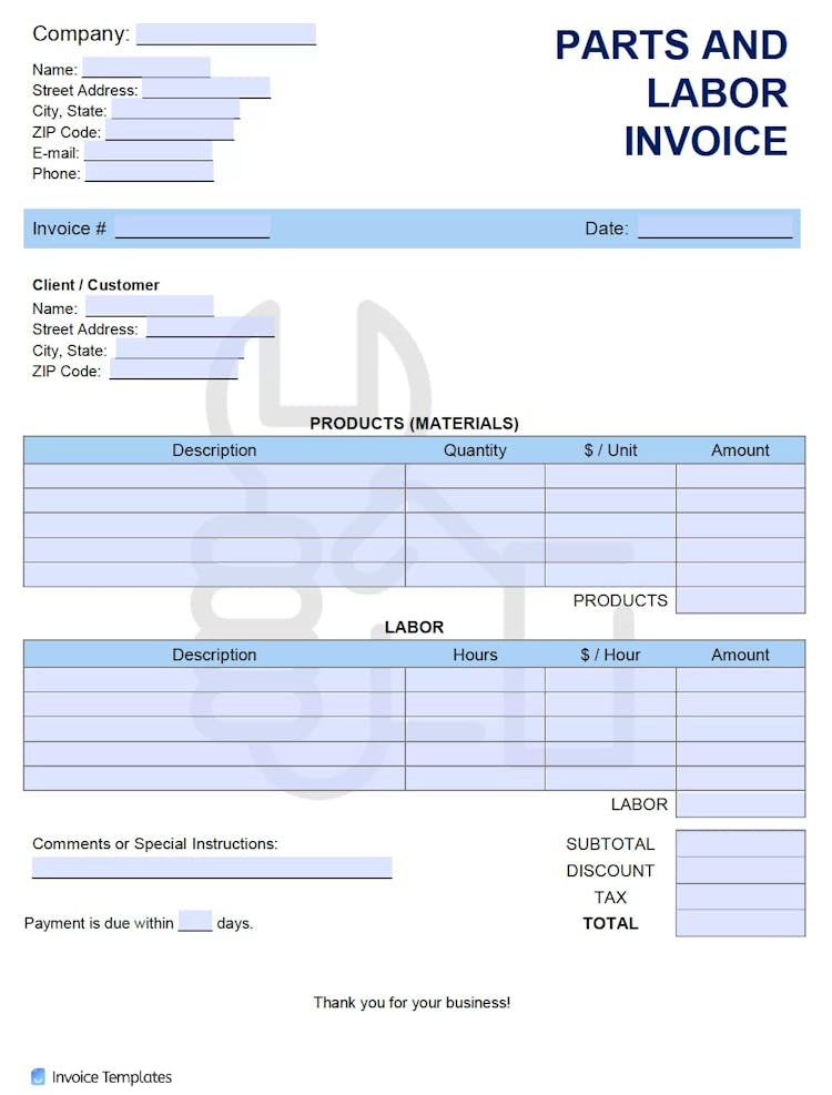 Parts and Labor Invoice Template file