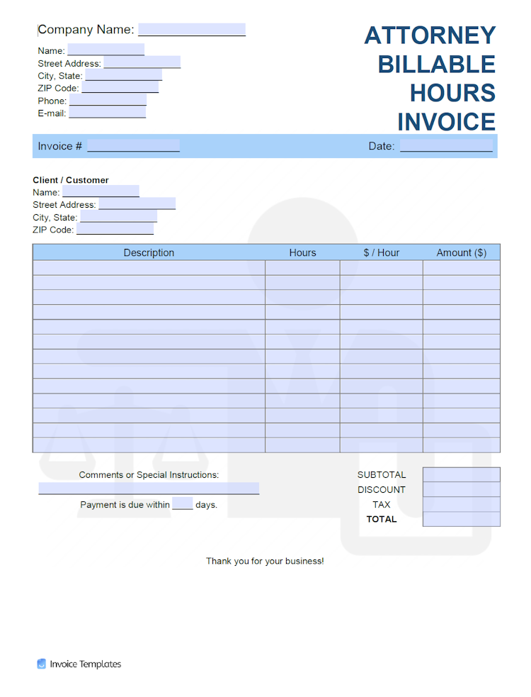 Attorney Billable Hours ($/hr) Invoice Template file