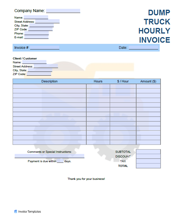 Dump Truck Hourly ($/hr) Invoice Template file