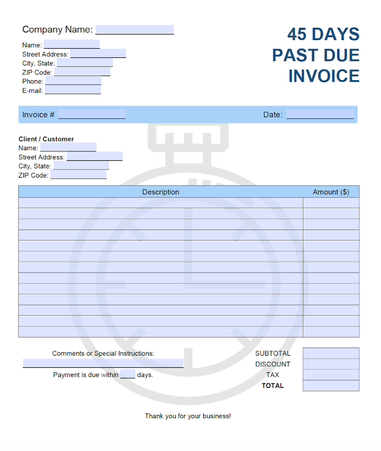 Forty Five (45) Days Past Due Invoice Template file