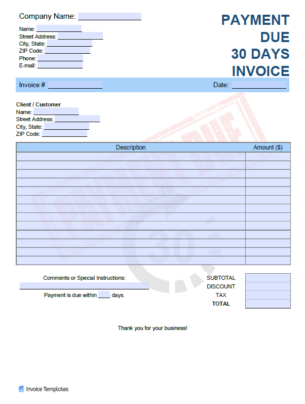 Payment Due in 30 Days Invoice Template file