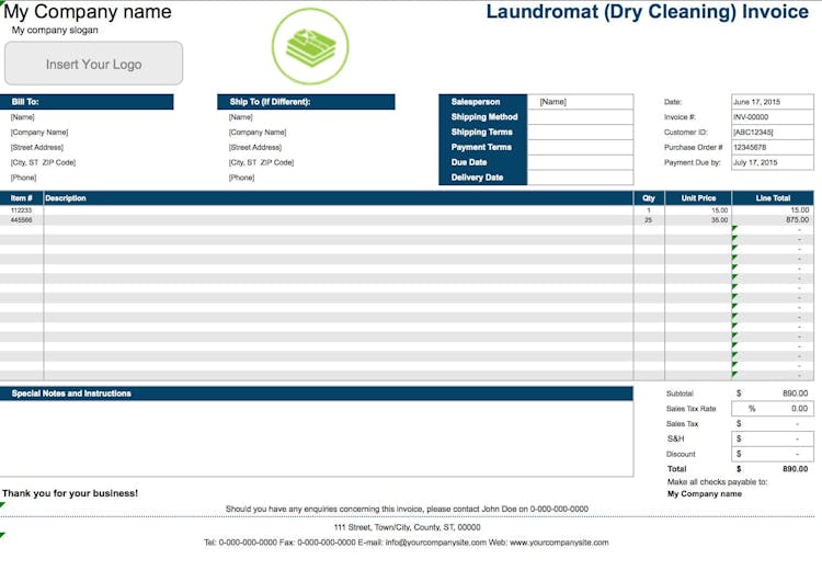 Laundromat (Dry Cleaning) Invoice Template file
