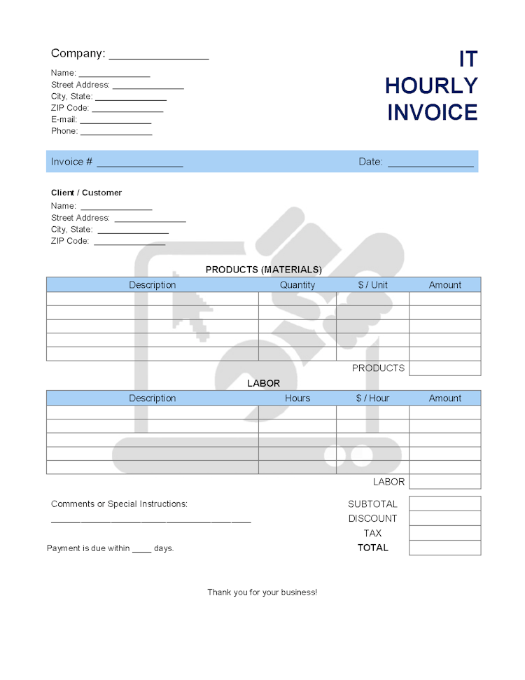 IT Hourly ($/hr) Invoice Template file
