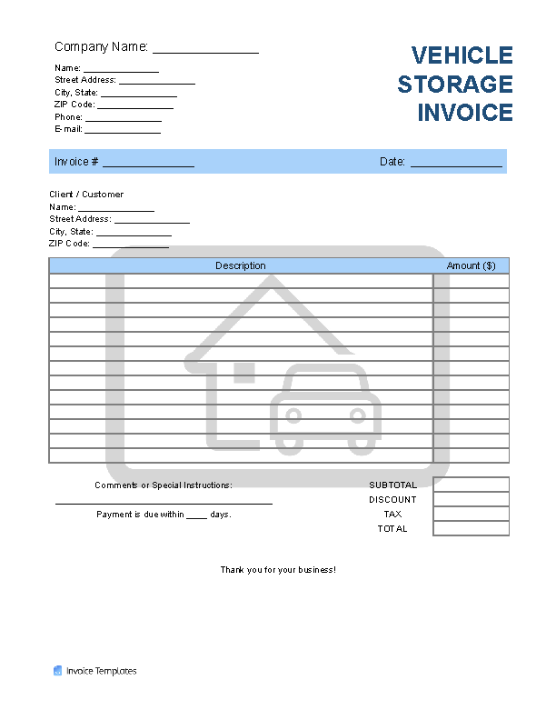 Vehicle Storage Invoice Template file