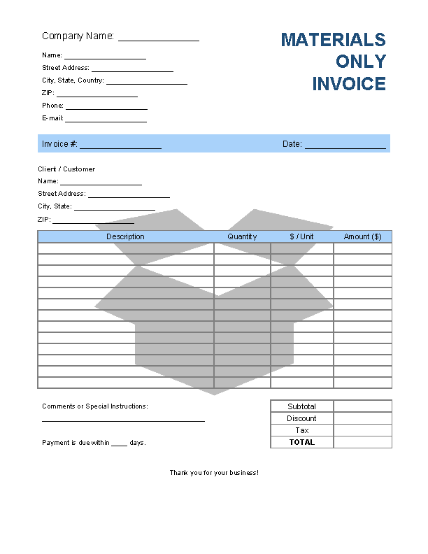 Materials Only Invoice Template file