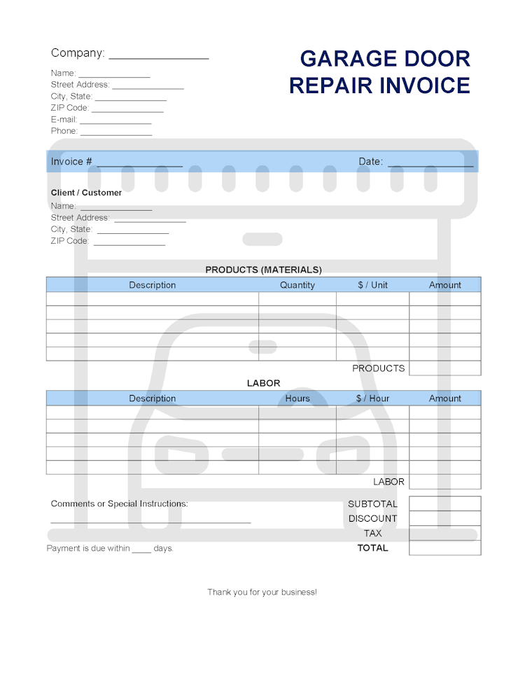 Garage Door Repair Invoice Template file