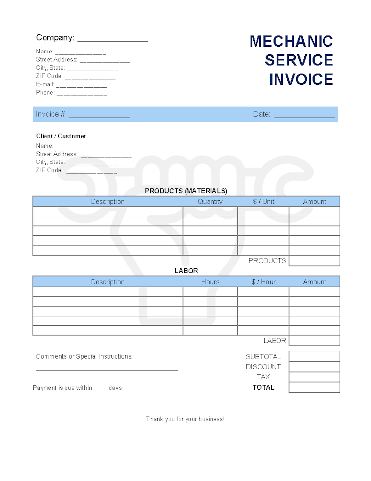 Mechanic (Service) Invoice Template file