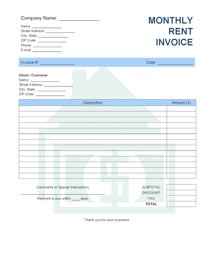Monthly Rent (Landlord) Invoice Template file