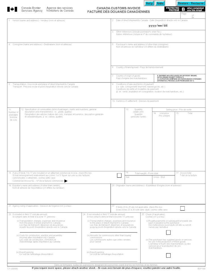 Canada Customs Commercial Invoice Template | Form CI1 file