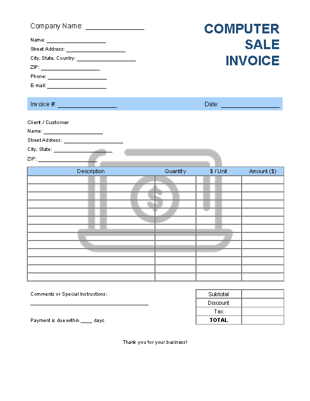 Computer Sales Invoice Template file