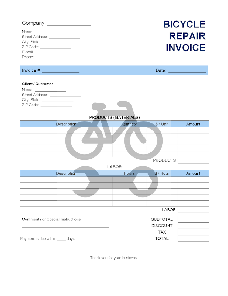 Bicycle (Bike) Repair Invoice Template file