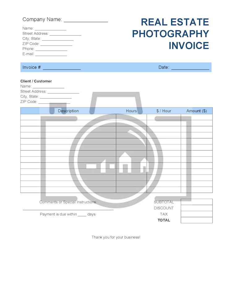 Real Estate Photography Invoice Template file
