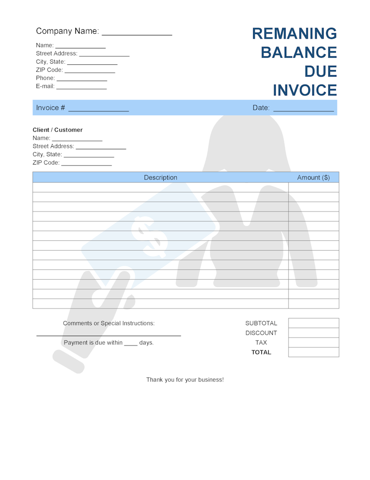 Remaining Balance Due Invoice Template file
